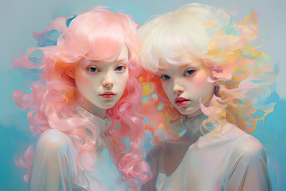 Painting of two young Asian girls in pastel colors. AI Generated.
